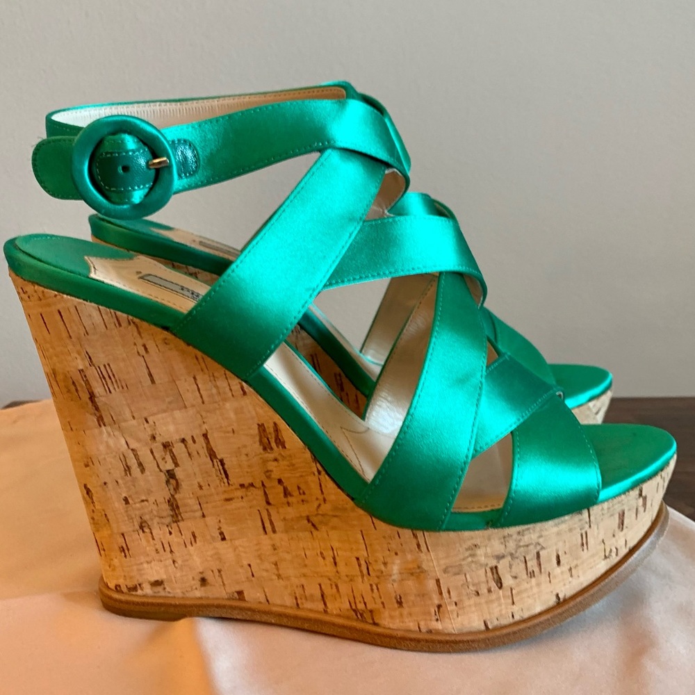 Prada Assenzio (absinthe/emerald green), 40/Size 9, criss cross cork wedge - Picture 5 of 15